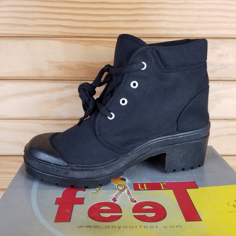 NEW CL Block Heel Black Canvas Combat Military Biker Moto Ankle Boots Lace up
